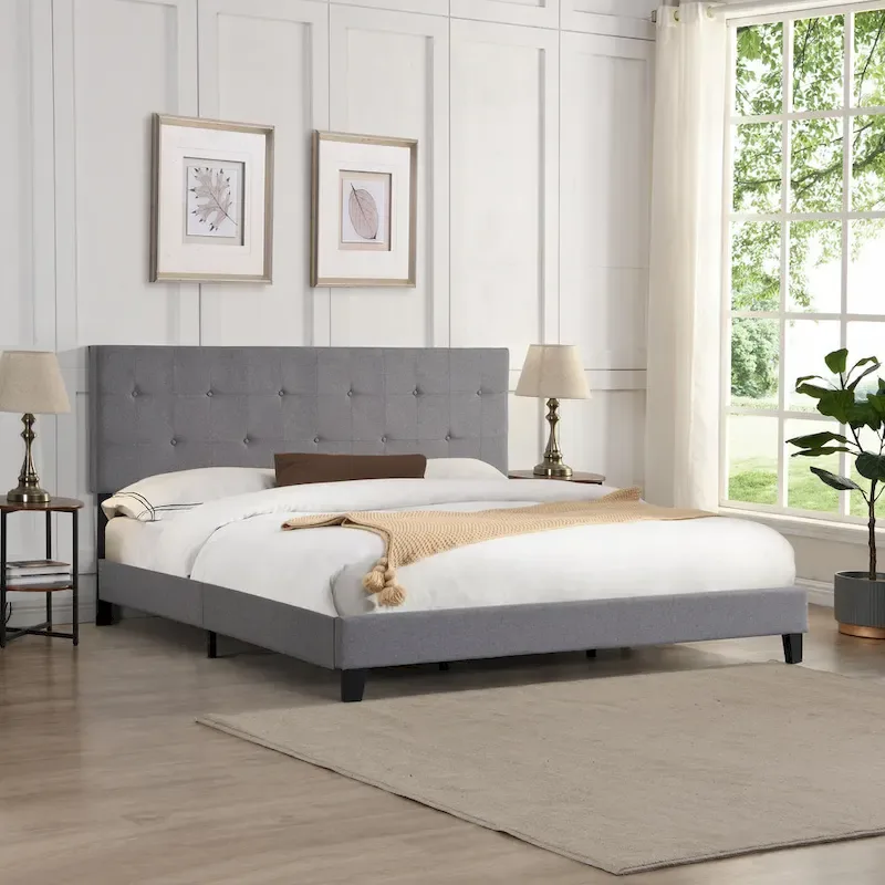 Grey King Linen Bed with Tufted Headboard