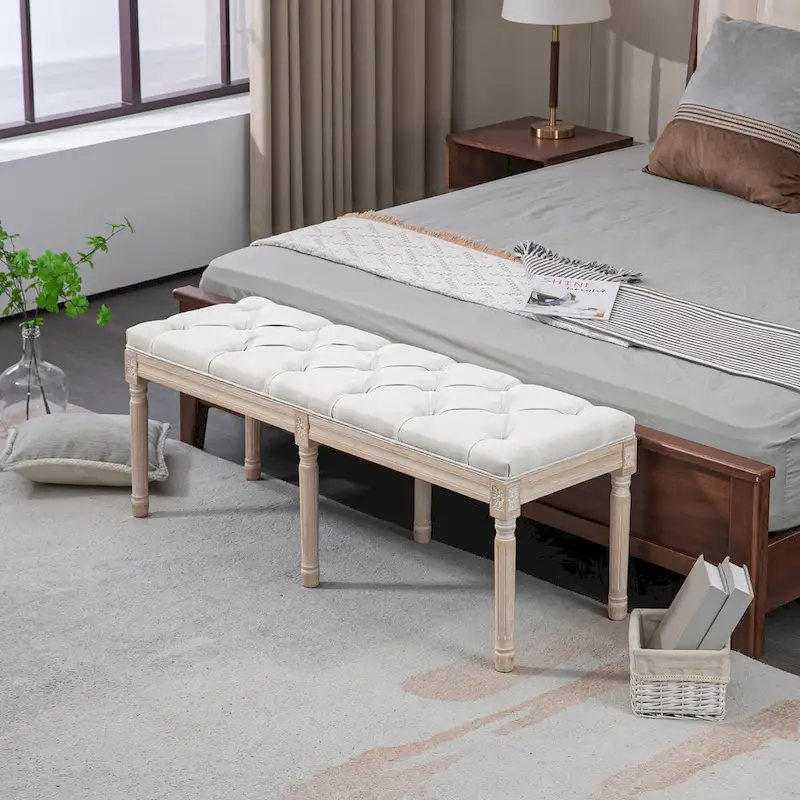 46 Upholstered Cream White Bedroom End of Bed Bench with Button Tufted, Thick Padding and Wood Legs