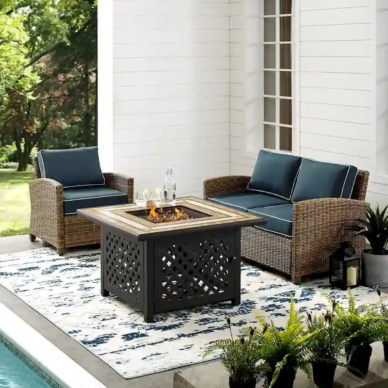 Crosley Bradenton 3 Piece Outdoor Wicker Seating Set With Navy Cushions - 92.63 W x 84.5 D x 32.5 H