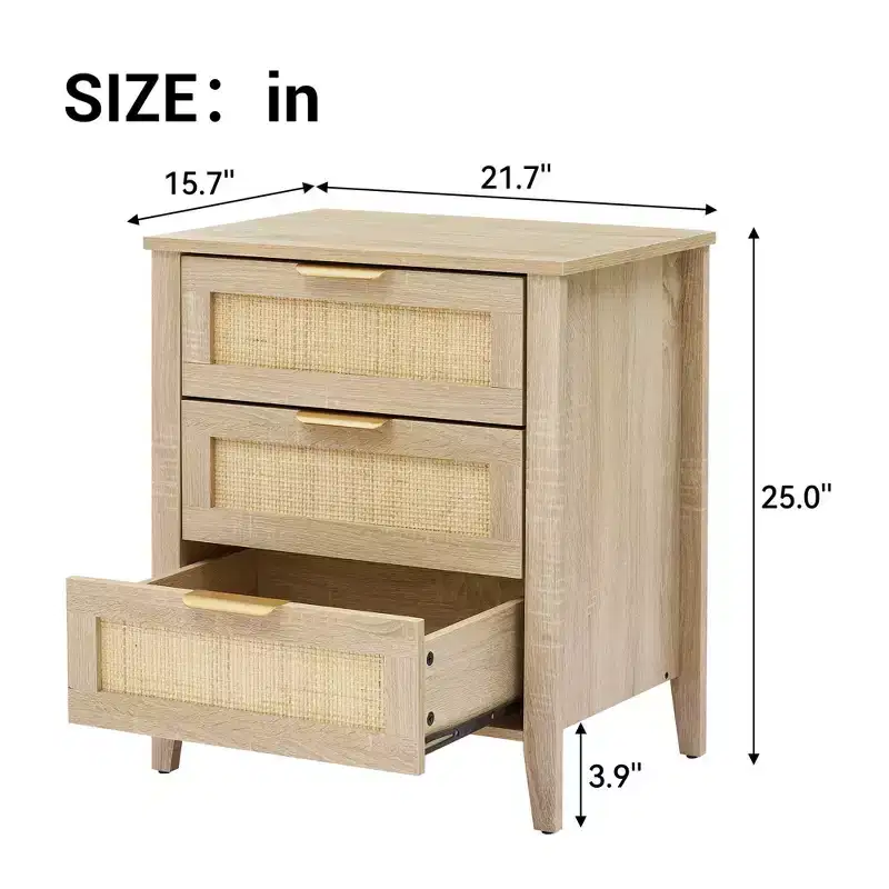 COZONY Rattan Nightstand - 3 Natural Wicker Drawers, Boho Storage Bedside Table for Bedroom, Living Room, Natural Wood Finish