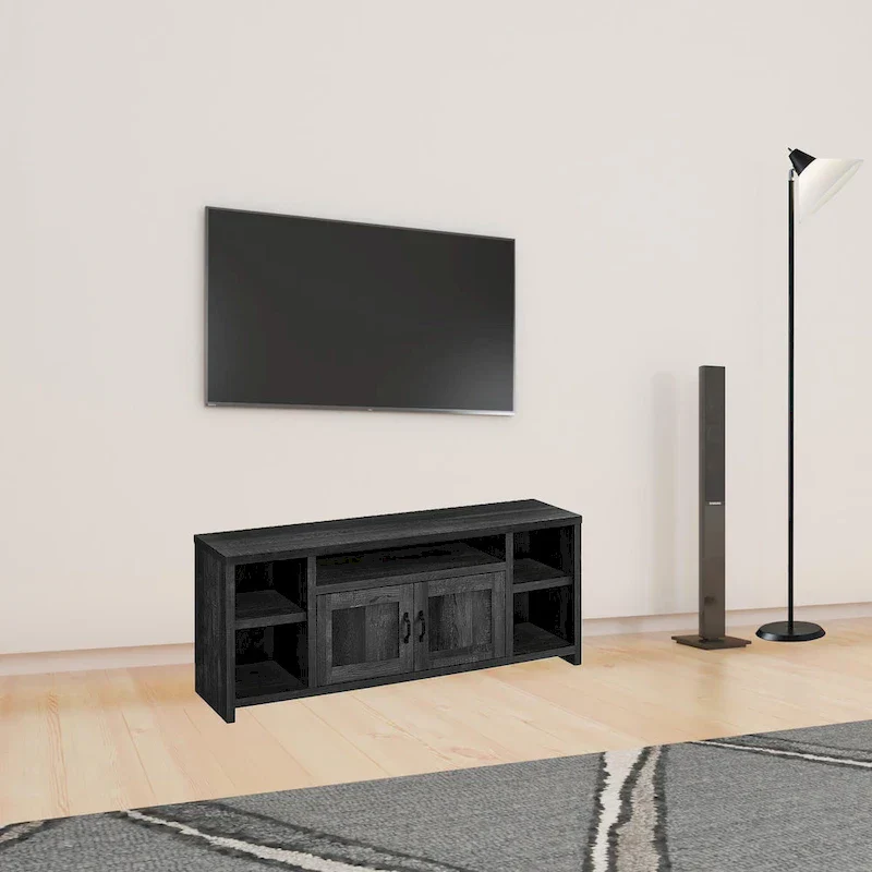 Modern Reclaimed Black TV Stand for 55 TVs with Cabinets and Shelving Wood Entertainment Unit - 23.75H x 59W x 15.5D