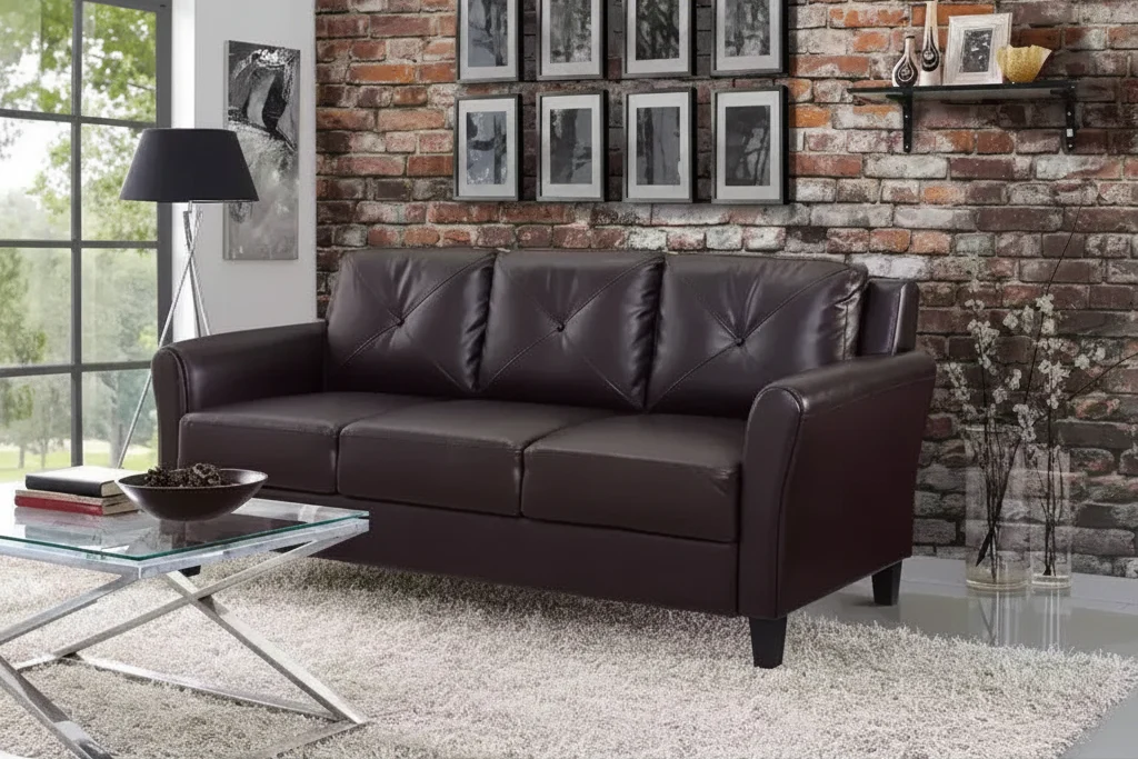 Faux Leather Sofa Java Brown - : Upholstered, 3-Seater, Tufted Back, High-Density Foam