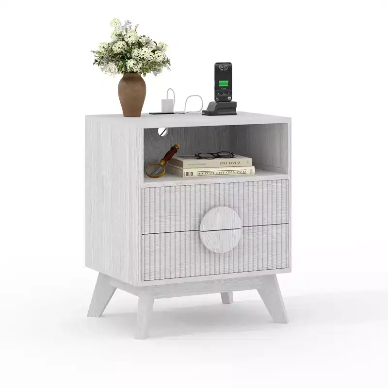 Farmhouse Fluted NightStand Set of 1/2, Wood Tall Nightstands, End Table with 2 Drawers & Open Shelf & Feet