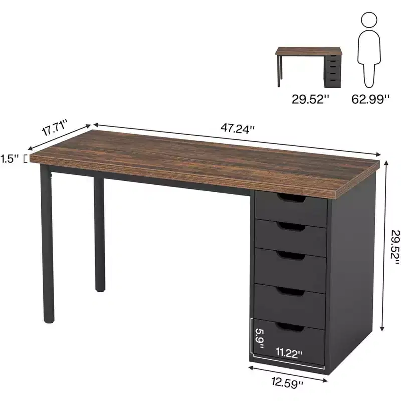 Computer Desk with 5 Drawers, 47 inches Rustic Brown Home Office Desk with Storage, Modern Simple Laptop Desk Study Writing Table for Small Spaces
