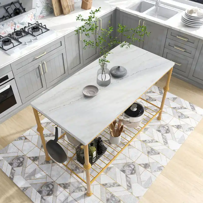 58-Inch Wide Marble Top Kitchen Island, White & Gold Finish, Contemporary Style, Storage Cabinet