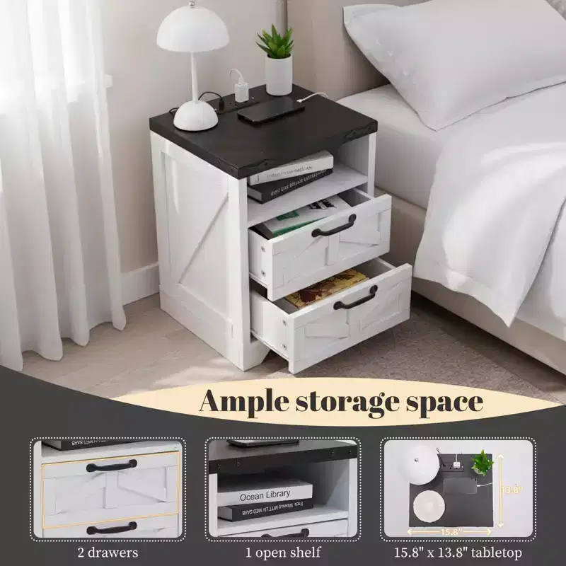 COZONY Nightstand with Charging Station, 2 AC Outlets & 2 USB Ports, Industrial Bedside Table with 2 Drawers for Bedroom