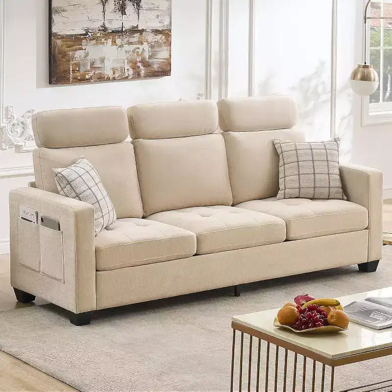 89 in Oversized 3 Seat Sofa, Chenille Fabric Upholstered Sofa with Wide Armrest, Removable Headrest and Side Storage Pockets for Home Office