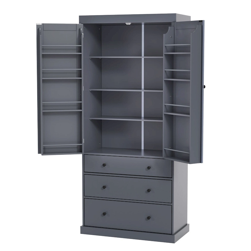 77inch Kitchen Pantry, Freestanding Tall Cupboard Storage Cabinet with 3 Adjustable Shelves,8 Door Shelves,3 Drawers for Kitchen
