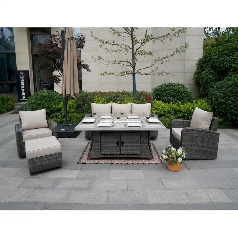 5-Piece Wicker Patio Sofa Set with Gas Firepit And Ice Bucket by None