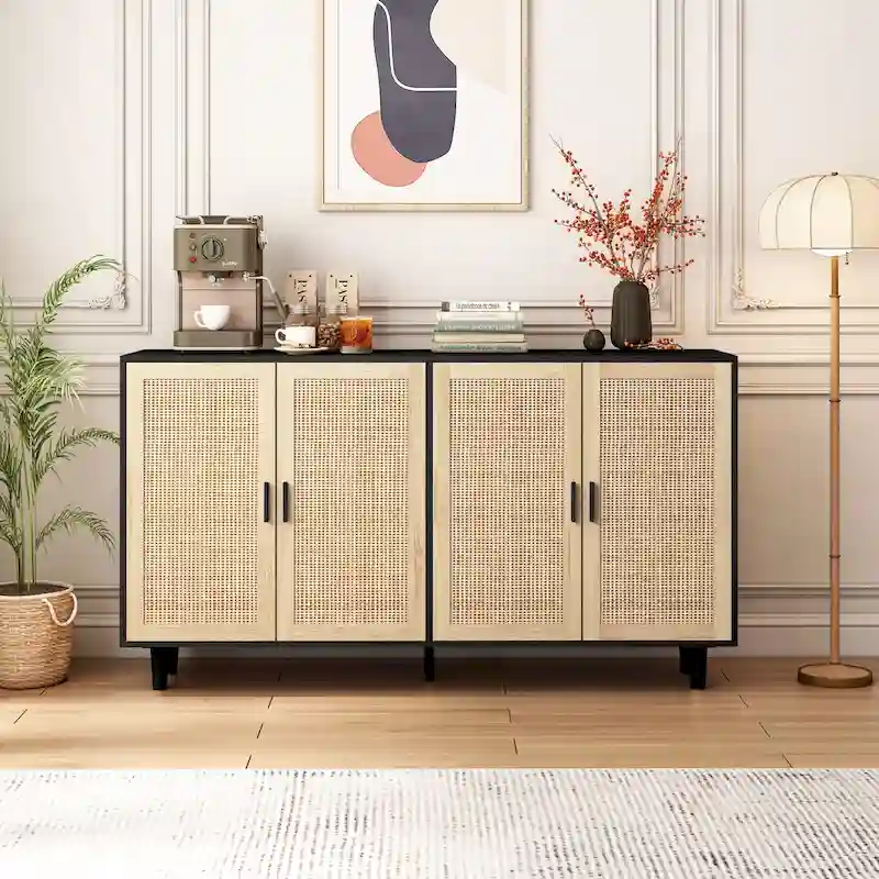4-Door Rattan Storage Cabinet with Solid Wood Legs