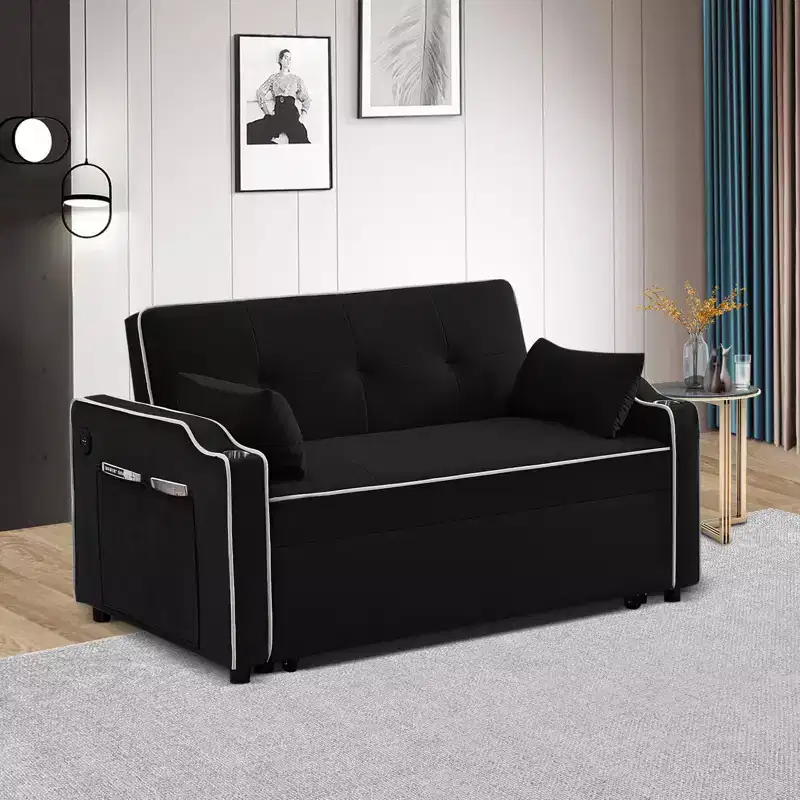 Velvet Sleeper Sofa Couch with Pullout Bed, Sofa Beds with Side Pocket, Cupholder, Adjustable Backrest and Pillows, Loveseat Sofa Sleeper Black