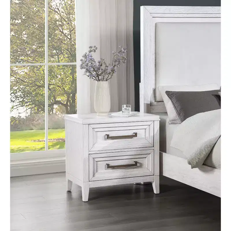 Distressed White 2-Drawer Nightstand with Brass Pulls