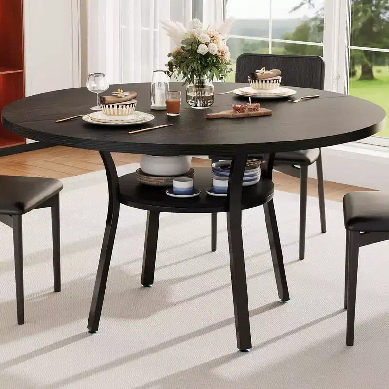 47'' Round Dining Table for 4-6, Wood Kitchen Table with Storage Shelf, Modern Circular Dinner Table, Breakfast Table for Living Room,No Chair