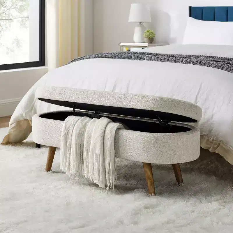 Oval Storage Bench with Rubberwood Legs, Modern Tufted Ottoman - ModernLuxe