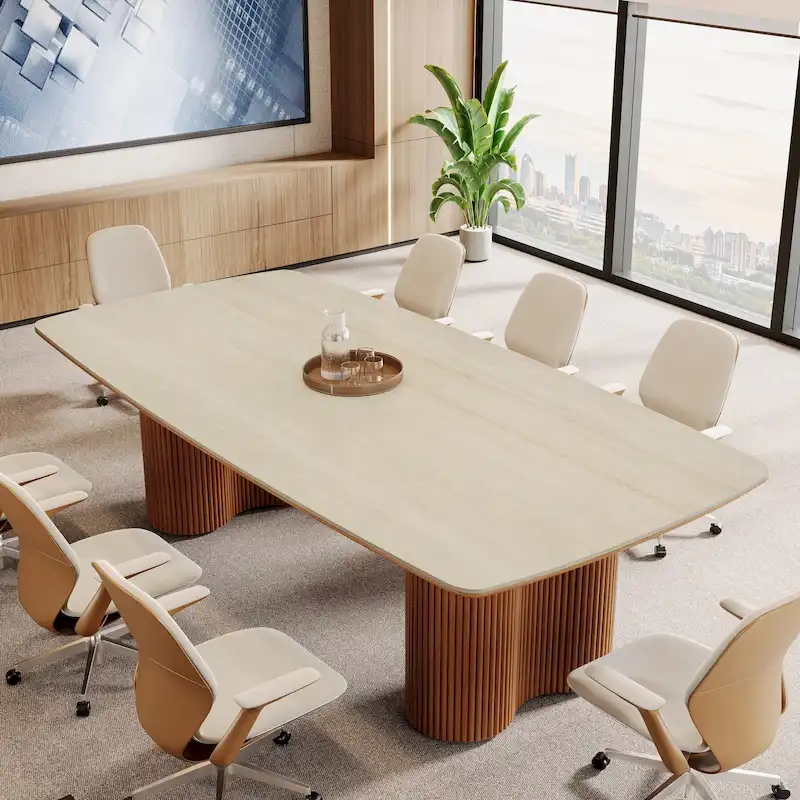 6.5 ft Conference Table with Sintered Stone Top & Wave Stripe Solid Wood Base