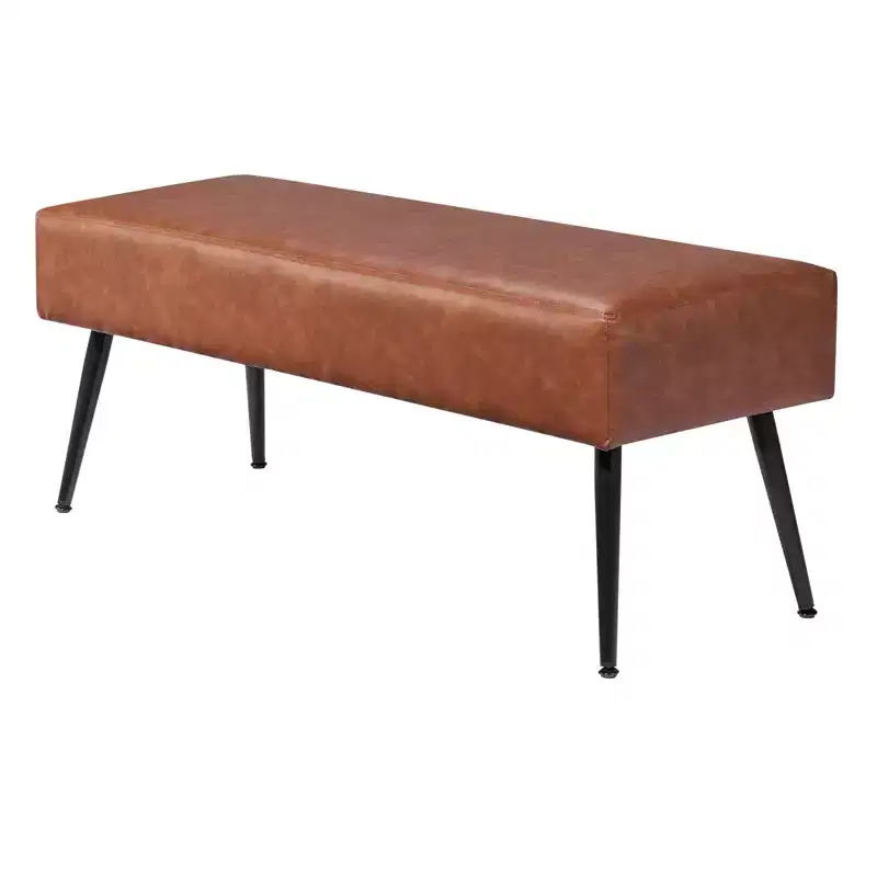 Leather Bedroom Bench, PU Leather Bench with Metal Legs and with Stitching for Entryway, Upholstered Shoe Bench Seat, Brown