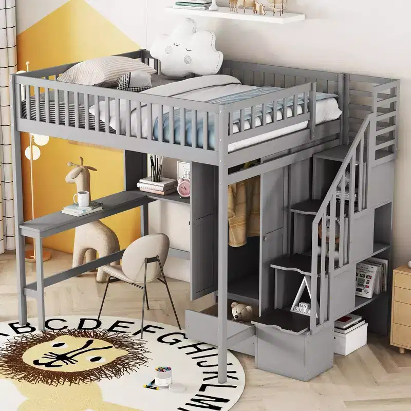 Full Size Wood Loft Bed with Bookshelf, Drawers, Desk & Wardrobe – 350 lbs