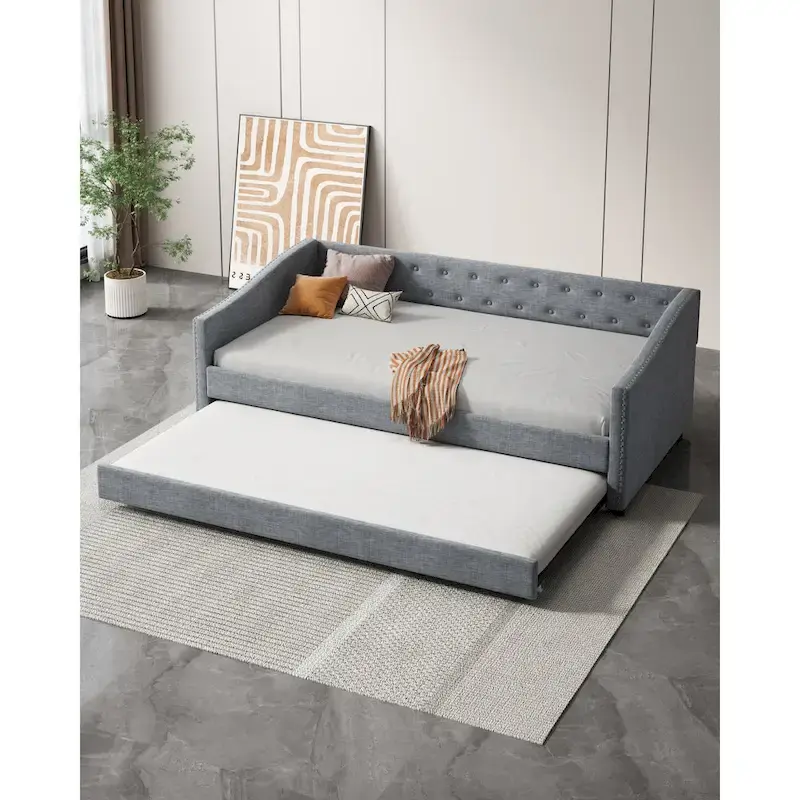 Twin Tufted Daybed Sofa with 2 Storage Drawers and Waved Arms, 500 lbs Capacity