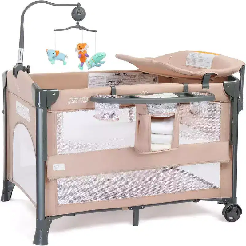 3-in-1 Baby Bassinet Crib Bedside Sleeper – Beige with Hanging Bag & Changing Table