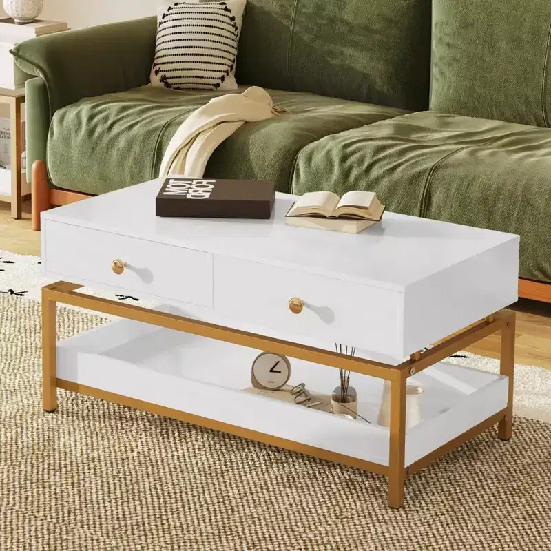 Farmhouse Contemporary Wood Coffee Table with Drawer and Open Shelf for Living Room Office