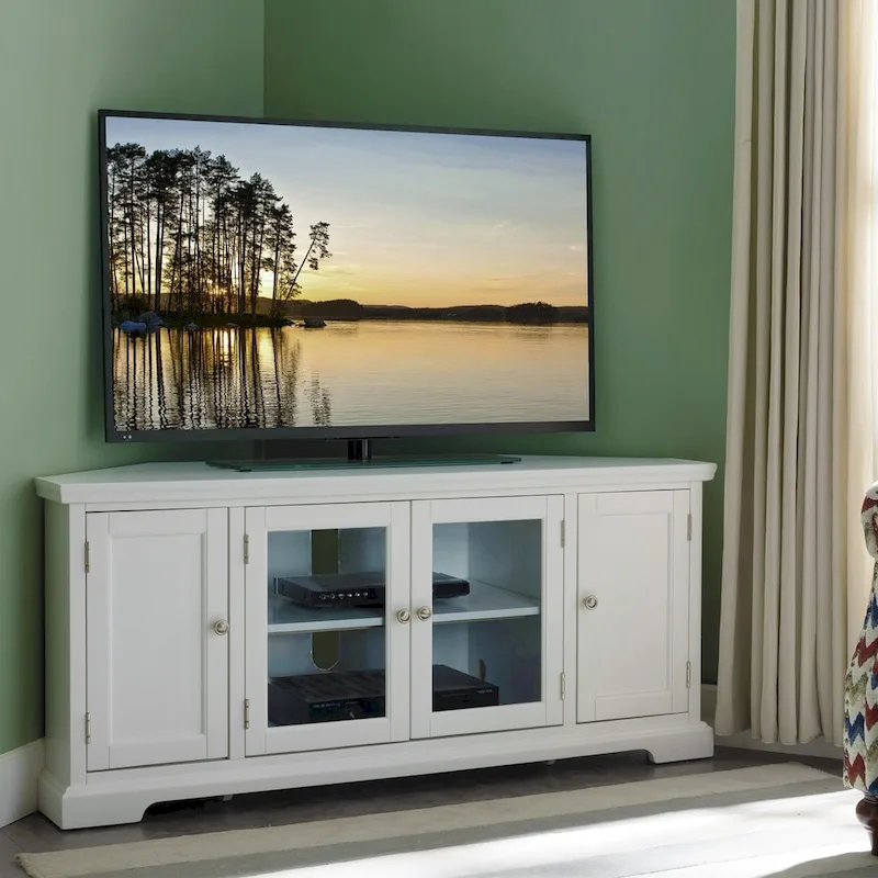 Corner TV Stand with Enclosed Storage, Fits TVs up to 60in, Adjustable Shelves, White Painted Finish