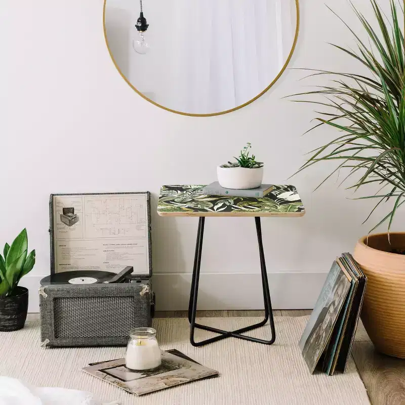 Dark Watercolor Jungle Side Table — Black, Baltic Birch Top, Artist Print