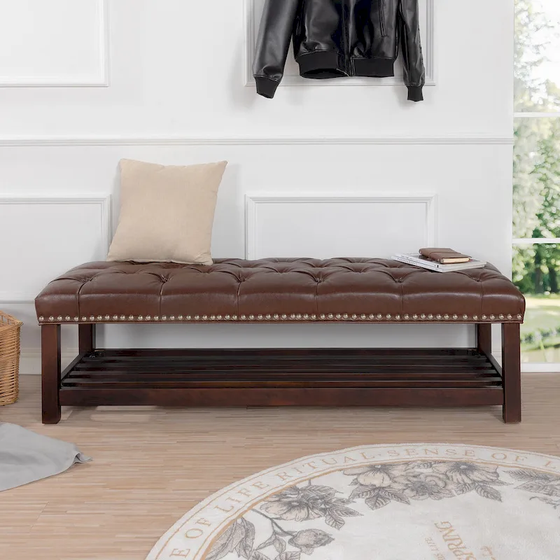 Christopher Knight Home - Florian Tufted Upholstered End of Bed Bench with Nailhead Trim and Shelf