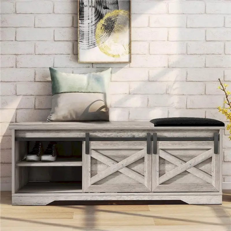 47 inch Shoes Bench with Sliding Barn Door Storage Cabinet and Adjustable Shelves - 47.24Lx15.35Dx18.7H