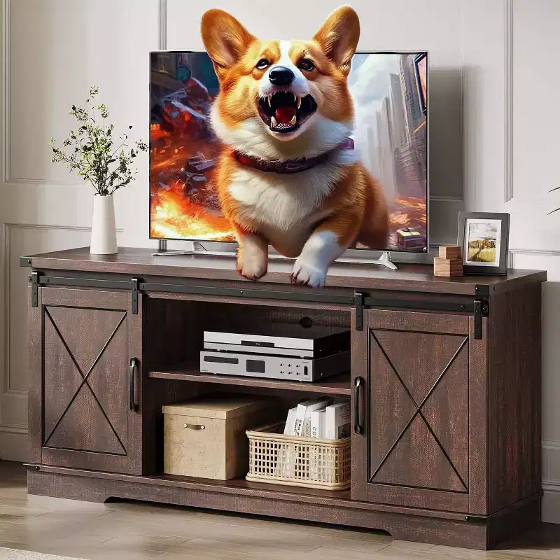 Farmhouse TV Stand and Entertainment Center for TV Up to 65 Inches with Sliding Barn Doors and Adjustable Shelf, for Living Room, Bedroom