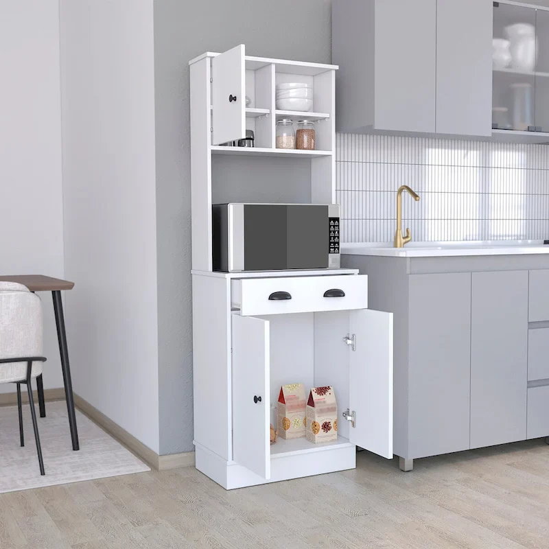 Microwave Storage Stand with 3-Doors and Drawer, White / Macadamia Finish