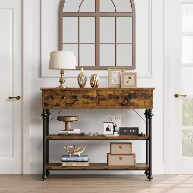 Entrance console table,small entrance table with 2 drawers, narrow sofa table with living room storage rack