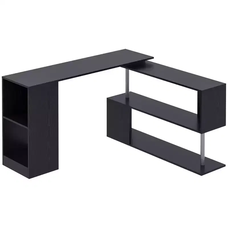 55 360 Degree Rotating Corner Computer Desk Modern L-Shaped Home Office Workstation with 3-Tier Storage Shelves, Bookshelf