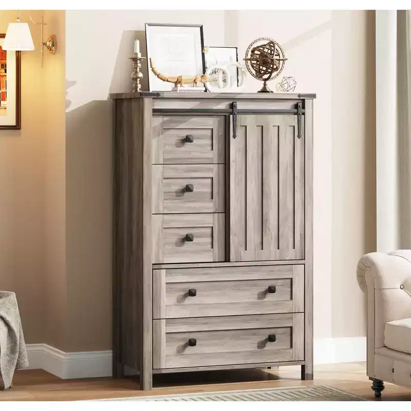 Farmhouse 5-Drawer Dresser, 48 Wood Storage Chest with Sliding Barn Door & Adjustable Shelf for Bedroom, Living Room, Hallway