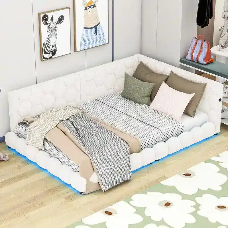Full Size Teddy Upholstered Platform Bed with USB Ports and LED Belt