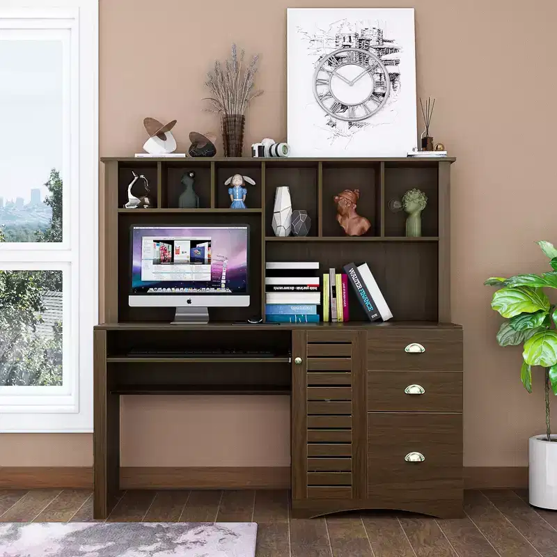 Home Office Desk Computer Desk with Hutch, Writing Desk Workstation with Drawers 4W - ModernLuxe
