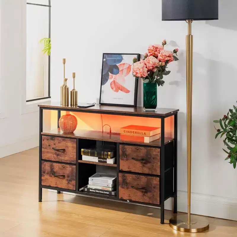 Console Tables with USB and Charging Station, 43.31 Inch Entryway Table with 4 Fabric Drawers, Sofa Table Narrow with Storage Shelves Brown
