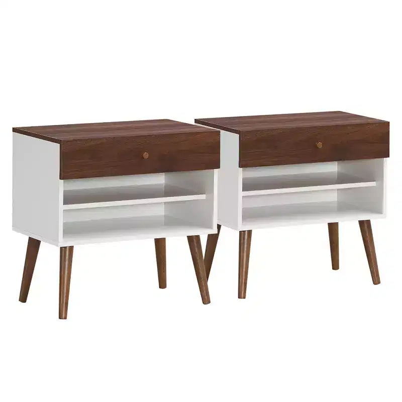 Nightstand End Side Table Drawer Storage Shelf Mid-Century Rubber Wood Leg