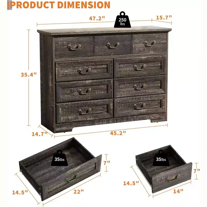 Farmhouse 9-Drawer Dresser for Bedroom- Vintage Rustic Wood Chest for Clothes & Essentials, Versatile Organizer for Bedroom, Living Room & Hallway