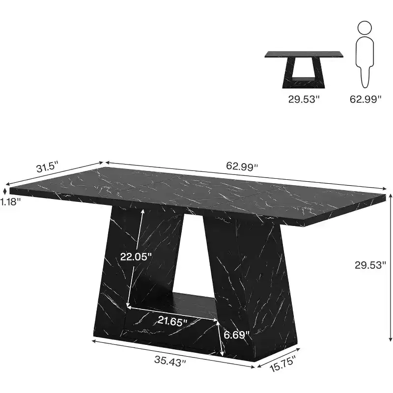 Dining Table for 4-6, 63Modern Wooden Faux Marble Dinner Table with Sturdy Base for Kitchen, Living Room, Black