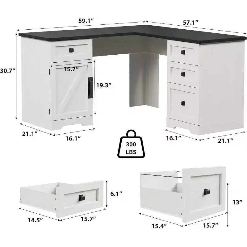 COZONY 60 White L Shaped Executive Desk, Farmhouse Home Office Corner Computer Desk with File Drawers & Storage Cabinet