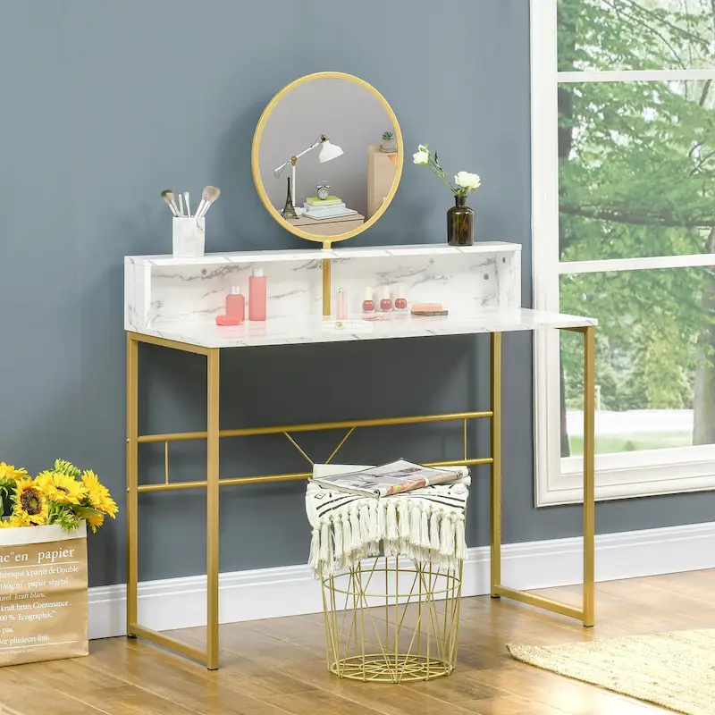 HOMCOM Modern Vanity Makeup Desk with Mirror, Dressing Table, White & Gold