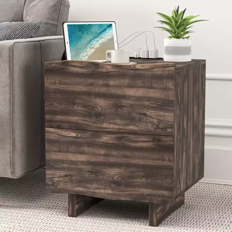 Bestier Wave Side Table with Drawer & Charging Station, AC Outlet, USB & Type-C Ports for Bedroom or Living Room