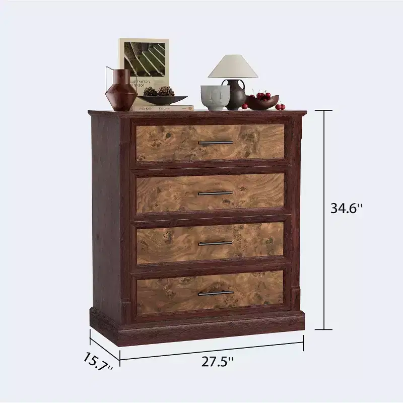 Farmhouse 4 Drawer Dresser for Bedroom, Tall Chest of Drawers with Metal Handles, Rustic Wooden Dresser TV Stand, for Living Room, Hallway