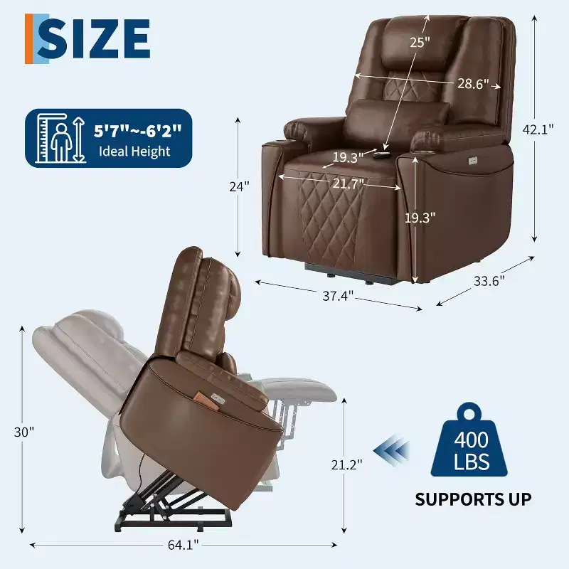 Garvee Power Lift Recliner Chair, PU Leather Sofa with Charging Ports, Cup Holders, Electric Stand Assist, Remote Control, Brown