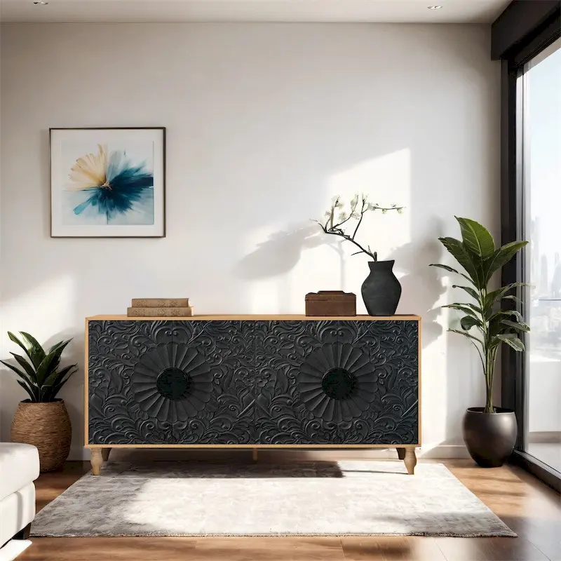 Storage Cabinet with Carved Door and Metal Handles