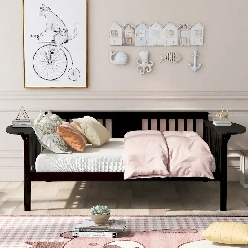Black Full Size Wooden Daybed with Storage Rack Handrail - No Box Spring Needed
