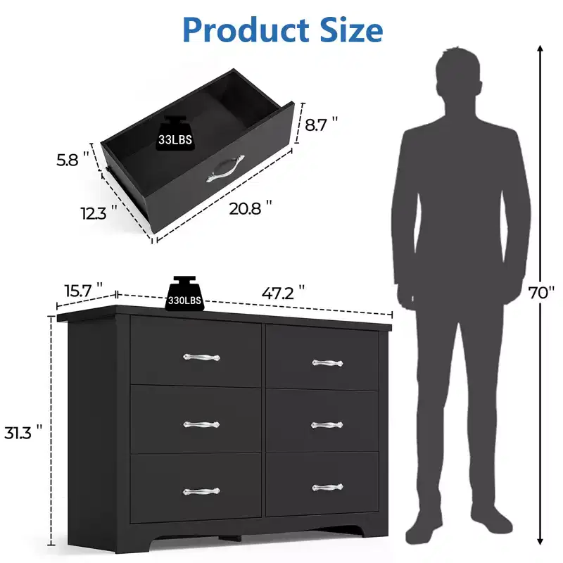 6-Drawer Wooden Dresser Horizontal Natural Finish MDF Bedroom Furniture