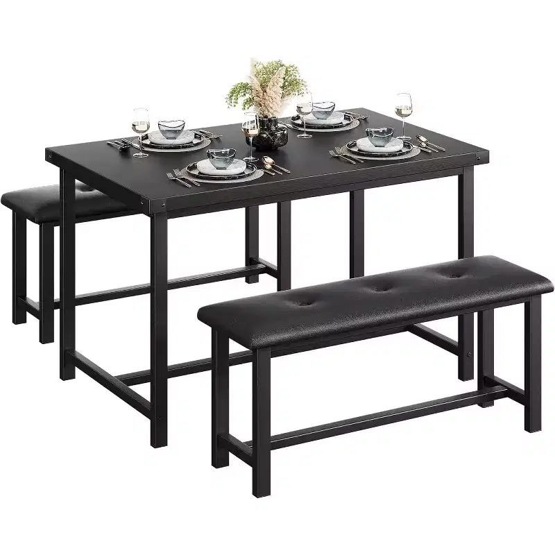 CuisinSmart Dining Table Set with 2 Benches, Dining Table Set for 4 Kitchen Table with 2 PU Upholstered Benches, Rectangular Dining Table Set