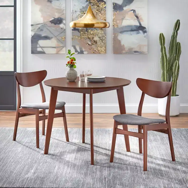 Tania Mid Century Modern Dining Table 3-Piece, Walnut/Dark Gray: Mid-Century Inspired, Beech Wood Legs, Foam-Cushioned Chairs