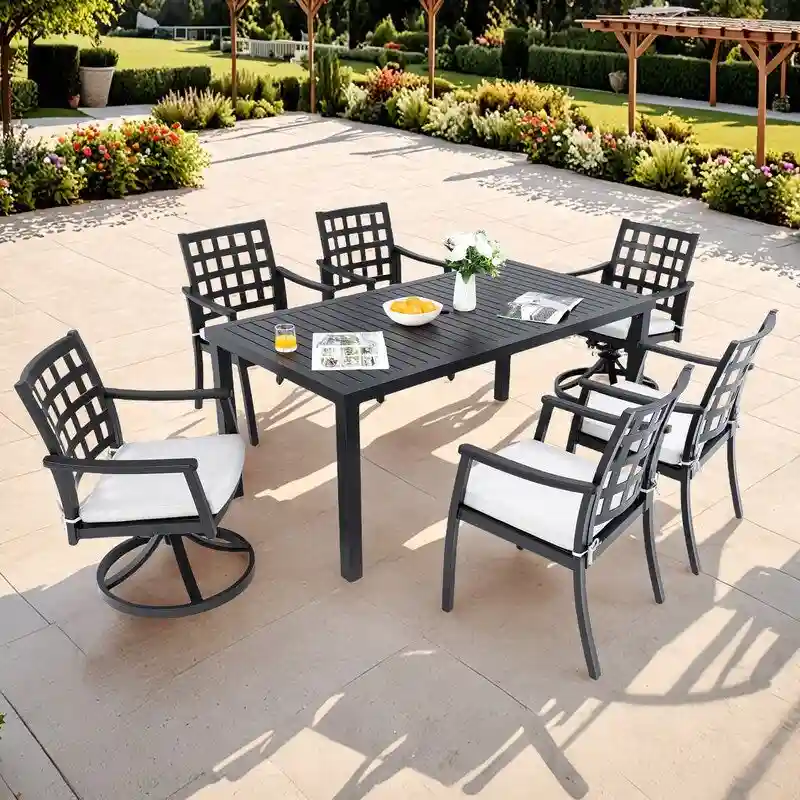 Modern 7-Piece Patio Set-Rectangular Table & 6 Chairs (2 Swivel Rockers)-Cast Aluminum- Sunbrella Cushions-Weatherproof